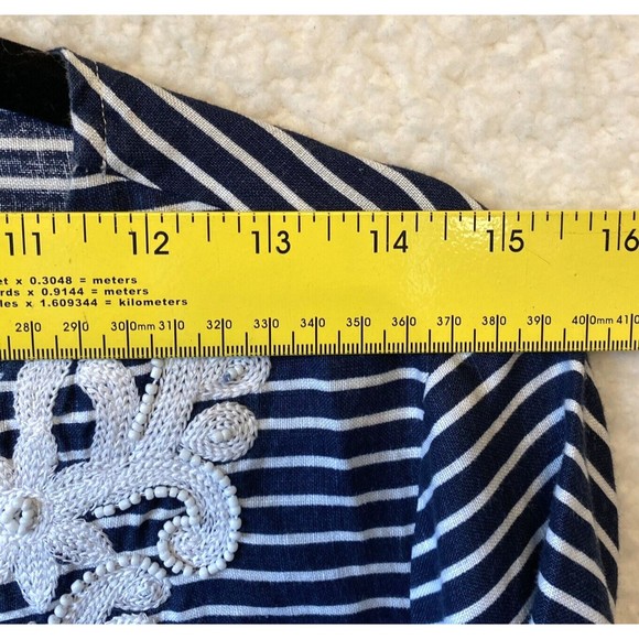 Talbots‎ Womens Blue White Stripe Embellished Beads Linen 3/4 Sleeve Top Size M - Picture 6 of 9